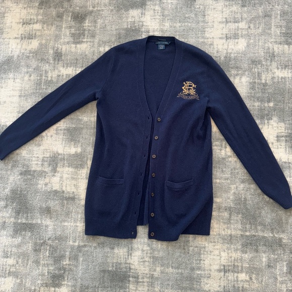 Ralph Lauren Vintage Marino Wool Women Navy Cardigan with Gold Emblem Logo - Picture 7 of 10